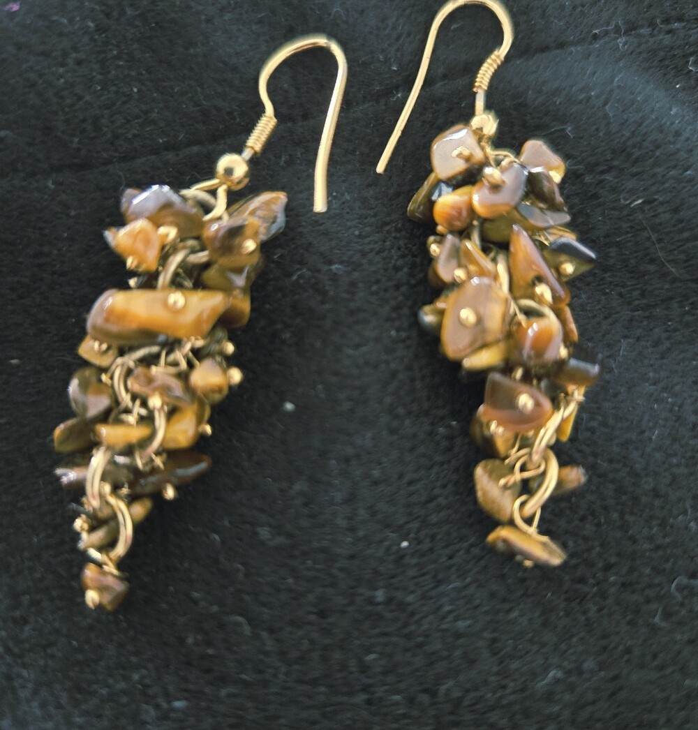 Gold-Tone Tiger's Eye Cluster Dangle Earrings - Brown